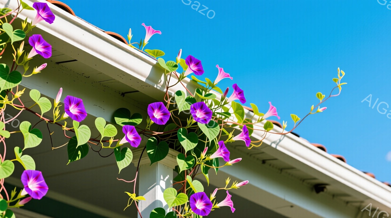 屋根の端に紫色の朝顔が絡みつき、緑の葉が鮮やかに映えています。晴れた青空を背景に、植物が生命力にあふれ、どこか懐かしい穏やかな雰囲気を醸し出しています。屋根は白く、背景の空とのコントラストが印象的です。