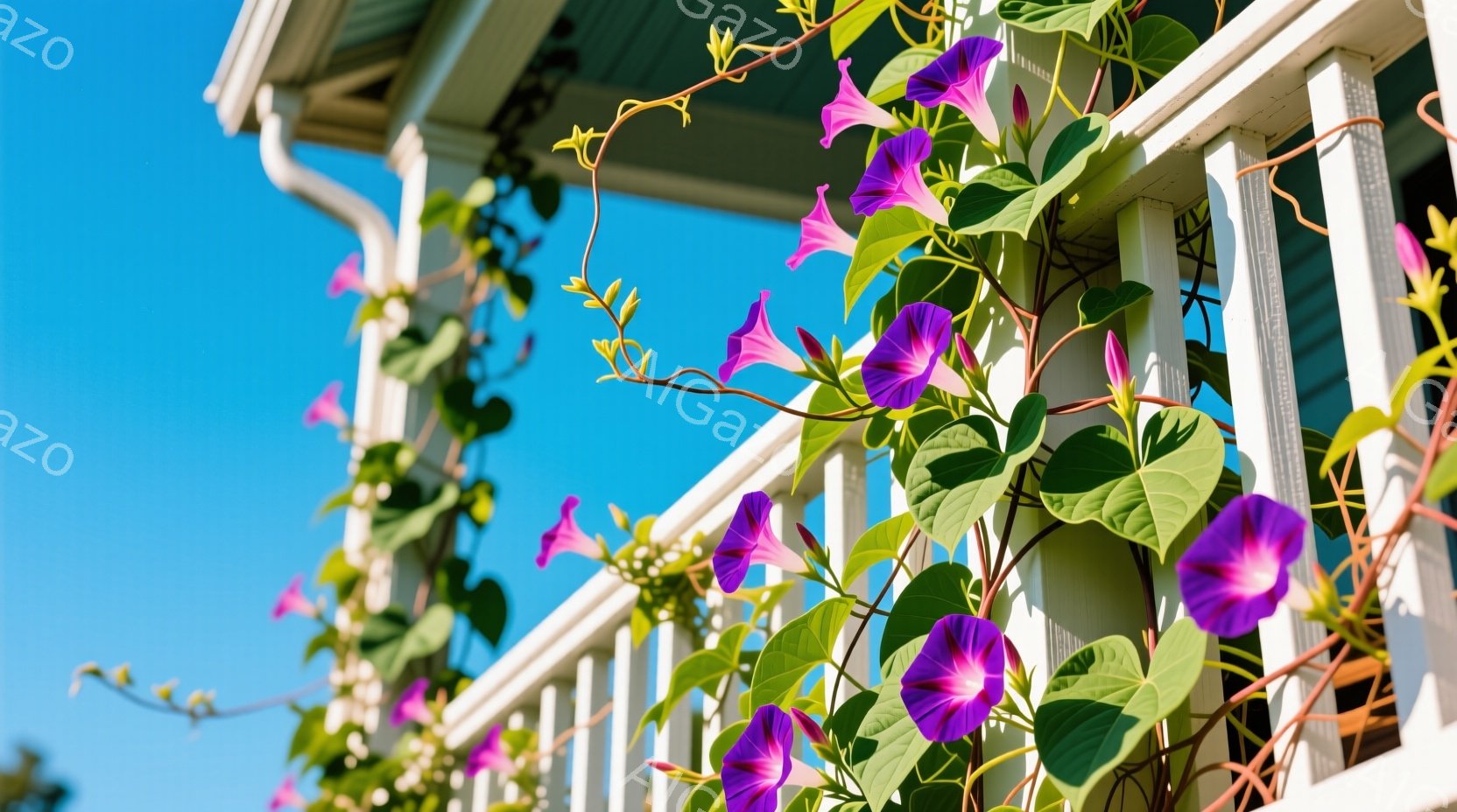 白い手すりと鮮やかな紫色の朝顔が絡み合い、青空を背景に美しいコントラストを描いています。朝顔のつるは手すりに沿って伸び、花々は太陽の光を浴びて生き生きと咲き誇っています。全体的に、穏やかで明るい夏の日の雰囲気が感じられる、自然に包まれた美しい光景です。