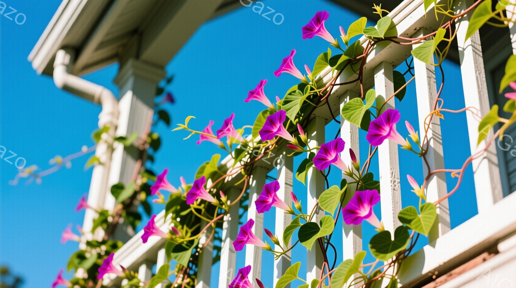 明るい青空を背景に、白い柵に巻き付く紫色の朝顔が印象的な写真です。朝顔の花は下向きに咲き、緑の葉と茎が柵の縦格子に絡みついています。建物の一部がわずかに見え、夏の日差しを感じさせる爽やかな雰囲気です。