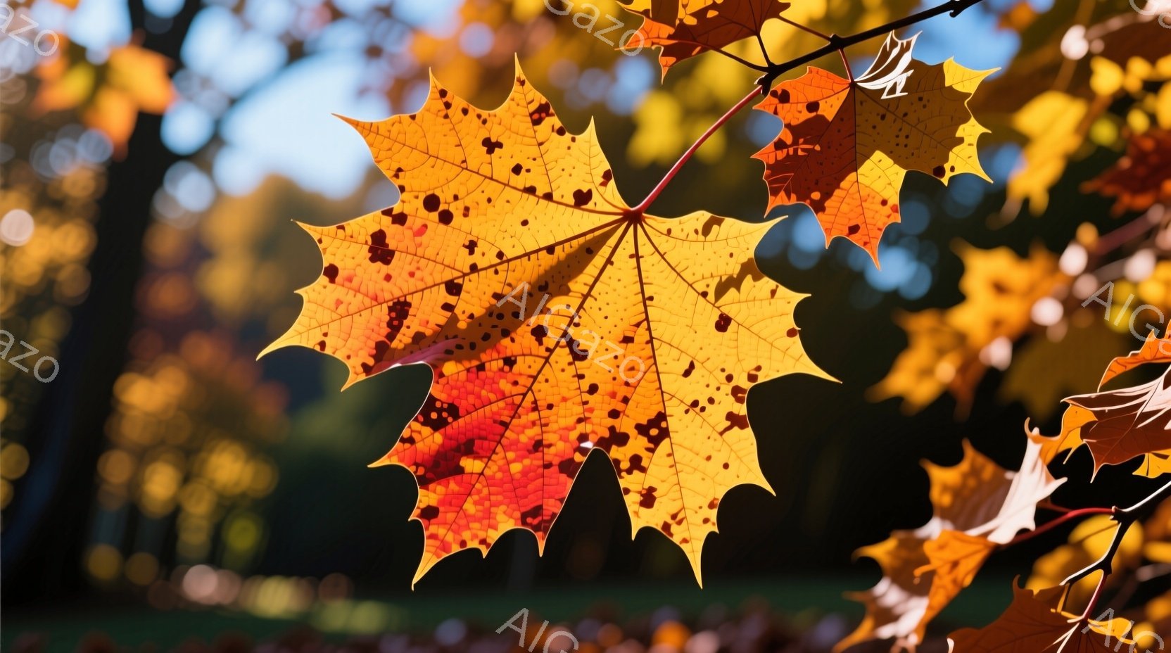 鮮やかな紅葉が、日の光を浴びて輝いている。葉脈がはっきりと浮かび上がり、赤と黄色のグラデーションが美しい。背景にはぼんやりとした緑と、青空が見え、秋の穏やかな雰囲気が感じられる。 - AI生成フリー素材
