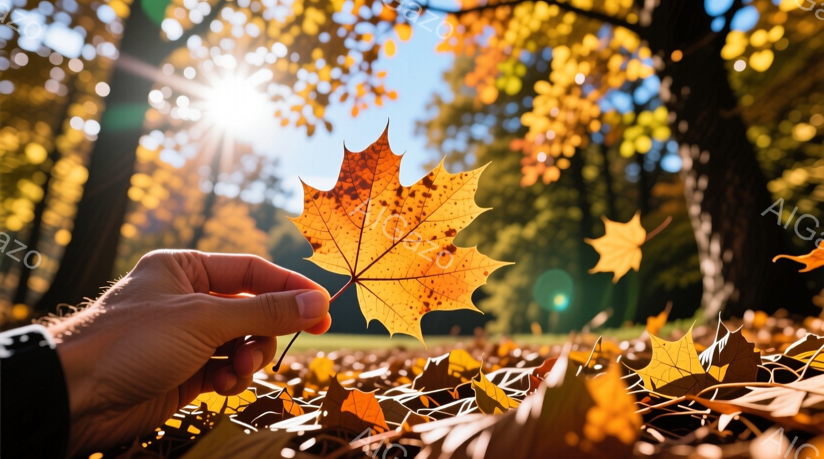 光の差し込む秋の風景で、一枚の紅葉が手前に大きく捉えられている。背景には緑の芝生と、落ち葉に覆われた地面が広がり、暖かく穏やかな雰囲気を醸し出している。鮮やかなオレンジと黄色の葉が光の中で輝き、秋の美 - AI生成フリー素材
