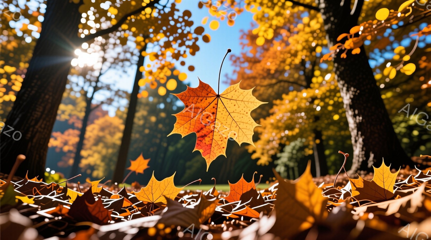 美しい紅葉が地面を覆い、まるで秋の絨毯のようだ。光が木々の間から差し込み、暖かく、鮮やかなオレンジと黄色の葉を照らしている。背景には緑の芝生と、ぼやけた木々が見え、穏やかで平和な雰囲気が漂う。