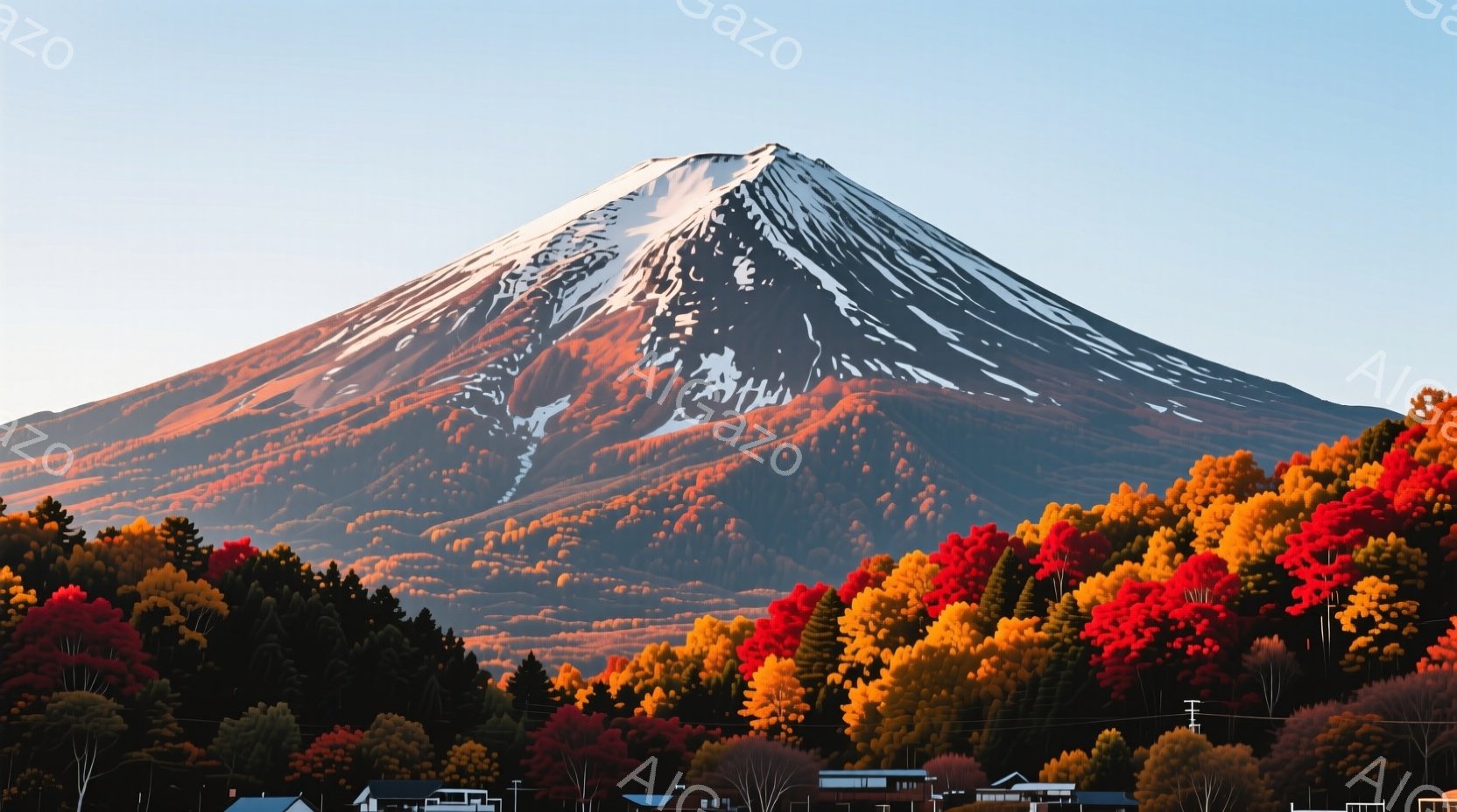雄大な富士山が、鮮やかな紅葉に囲まれてそびえ立っている。山の斜面は雪で覆われており、背景の空は晴れやかで、秋の穏やかな雰囲気を醸し出している。麓には小さく整然と並んだ家々が見え、自然と人工の調和が美し - AI生成フリー素材