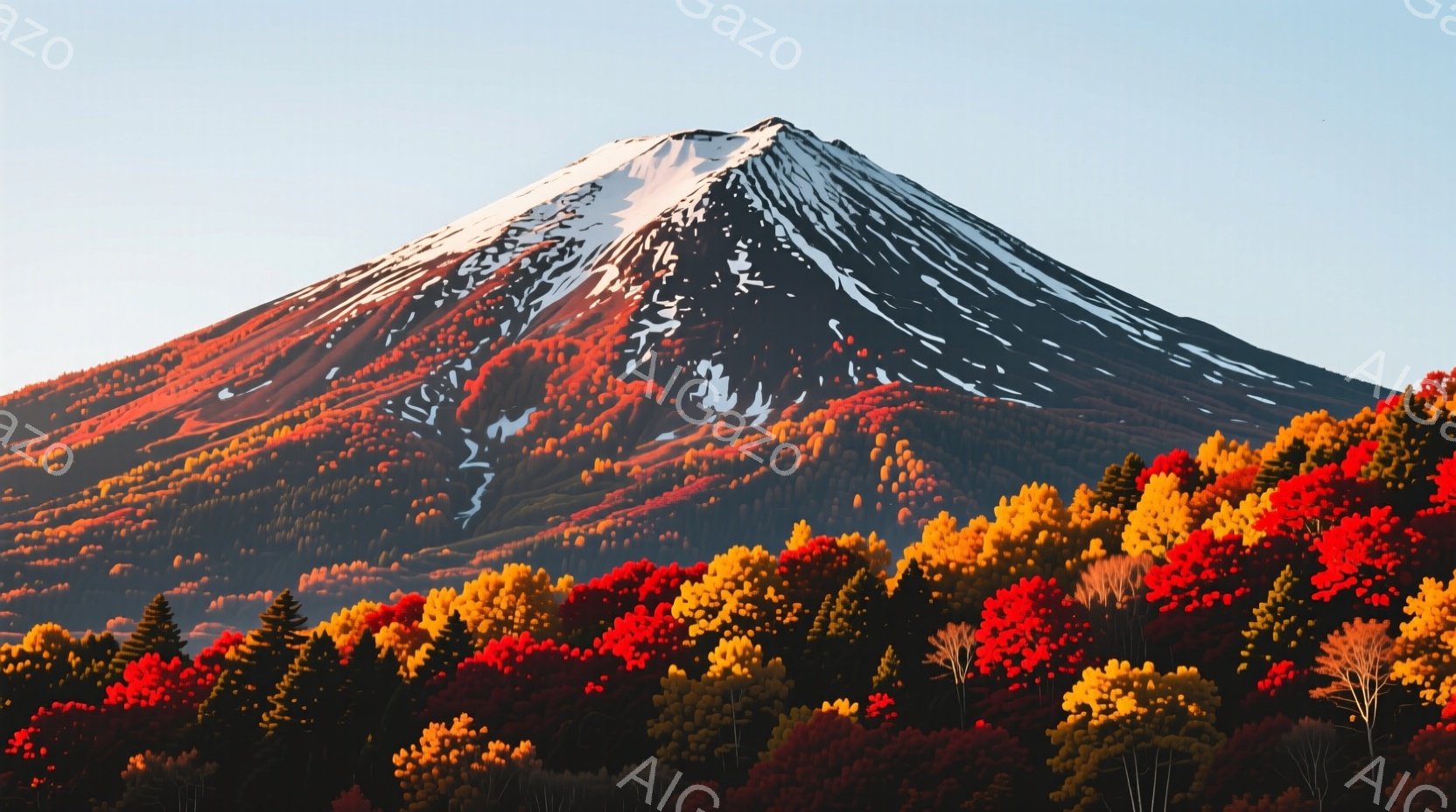 雄大な富士山が画面中央にそびえ立ち、山肌は赤やオレンジ、黄色に染まった紅葉に覆われています。手前に広がる森林も同じように鮮やかな秋色で、背景の青空とのコントラストが美しいです。全体として、日本の秋の自然の豊かさと静寂を感じさせる、穏やかな雰囲気の風景です。