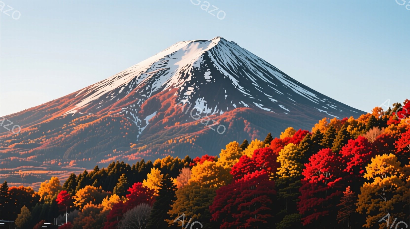 雄大な富士山が、紅葉に染まった森林を背景にそびえ立っている。山頂は雪を抱き、秋の暖かな日差しが山肌を照らしている。鮮やかな赤、オレンジ、黄色の葉が、山の麓を彩り、穏やかで美しい秋の風景を表現している。
