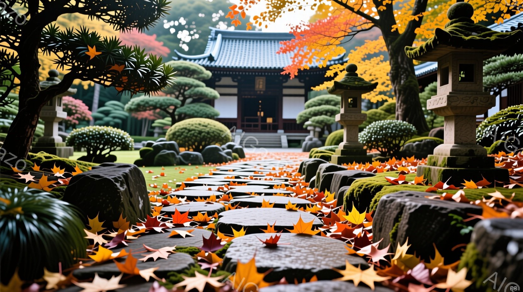 紅葉の葉が敷き詰められた石畳の道が、日本の寺院へと続いています。寺院は緑豊かな庭園に囲まれ、手入れの行き届いた木々や苔むした石灯籠が配置されています。秋晴れの空の下、全体的に静かで穏やかな、美しい情景 - AI生成フリー素材