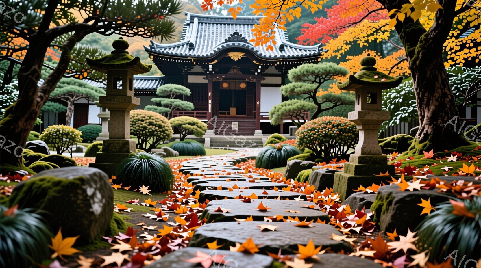 鮮やかな紅葉の葉が敷き詰められた石畳の道が、荘厳な寺院へと続いています。寺院は深い緑の木々と手入れの行き届いた庭園に囲まれ、秋の穏やかな陽光に照らされています。全体的に、静寂で平和な雰囲気を醸し出し、 - AI生成フリー素材