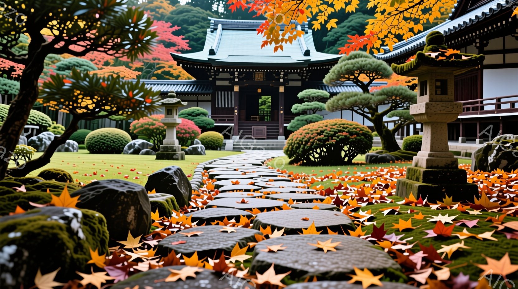 広大な庭園には、鮮やかな紅葉が敷き詰められた石畳の道が伸び、その先には荘厳な寺院がそびえ立っています。手入れの行き届いた庭には、刈り込まれた緑の茂みや、苔むした岩が配置され、秋の静寂と美しさを際立たせ - AI生成フリー素材