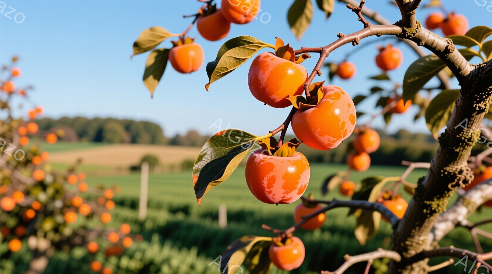 柿の木に実った熟した柿が、鮮やかなオレンジ色で目を引く一枚です。背景には緑の草原と遠くに見える樹木が広がり、晴れた空の下、秋の収穫の喜びを感じさせる穏やかな光景が広がっています。柿の葉は緑色で、柿の実とのコントラストが美しいです。