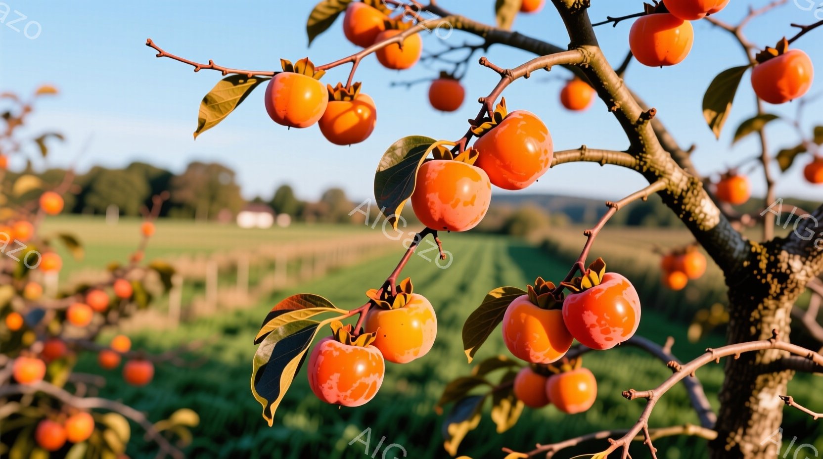 柿の木に熟した柿が密集して実っている様子が写っている。背景には緑豊かな草原と、遠くに見える建物がぼんやりと確認でき、穏やかな秋の日の光が全体を照らしている。鮮やかなオレンジ色の柿と緑の葉が対照的で、自然の豊かさを感じさせる。
