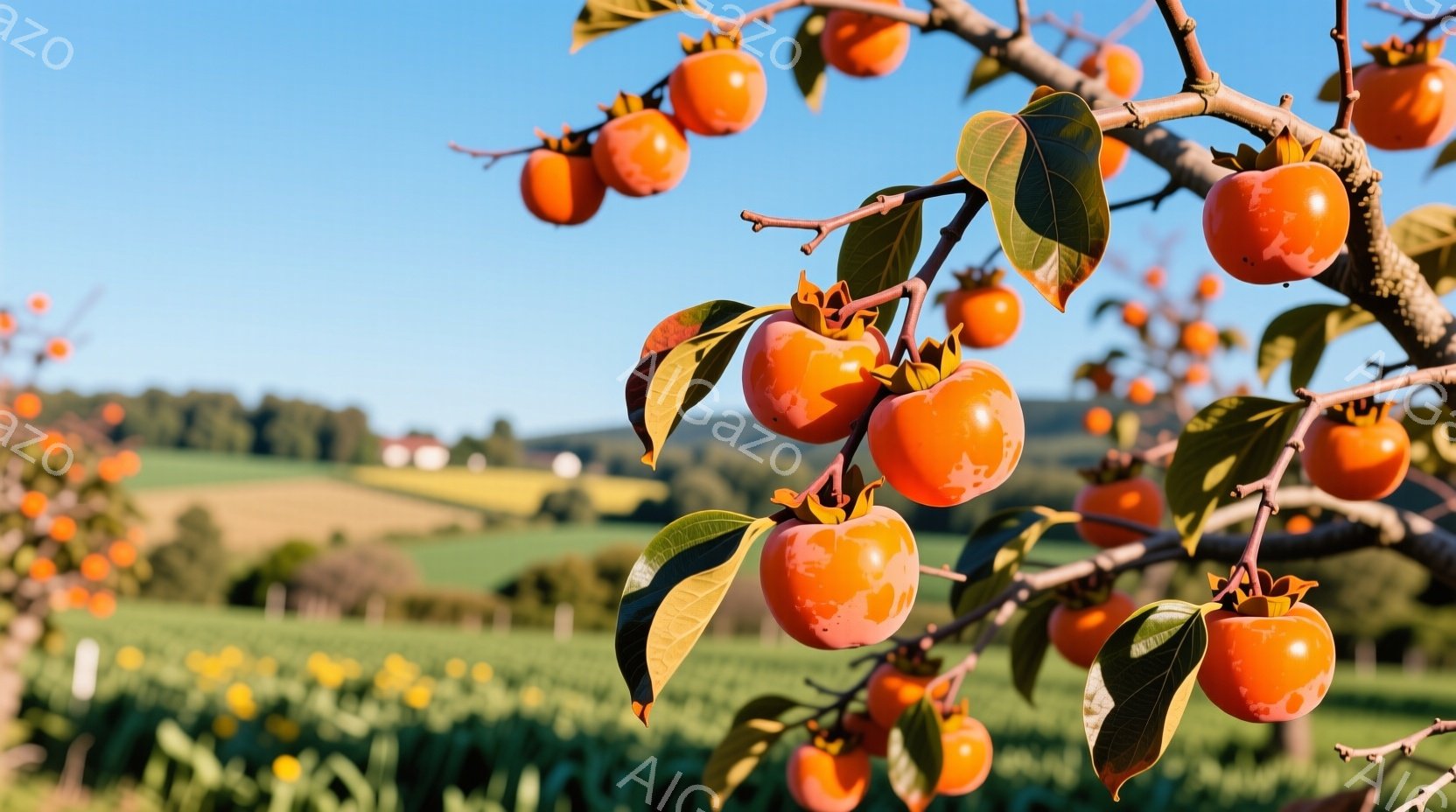 柿の木に熟した柿が実っている様子が写っている。鮮やかなオレンジ色の柿は葉に囲まれ、背景には緑の畑と遠くに見える家々が広がり、晴れた空の下、穏やかで平和な雰囲気を醸し出している。畑には黄色い花が咲き乱れ、秋の収穫の時期を感じさせる。