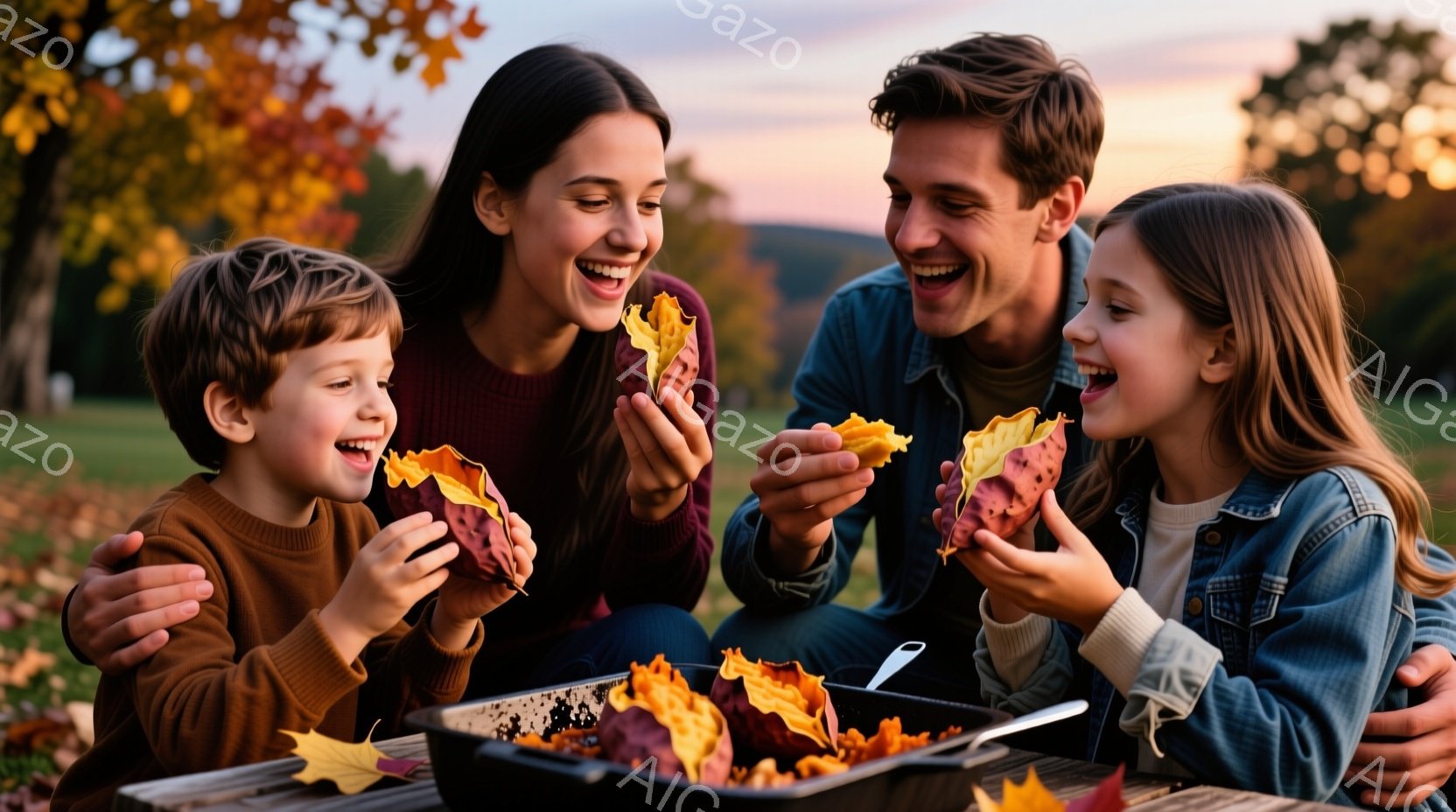 家族が秋の公園で焼き芋を楽しんでいる様子が写っている。母親は赤茶色のセーターを着て、息子と娘はそれぞれオレンジとデニムのジャケットを着ており、皆笑顔で焼き芋を手にしている。背景には緑の芝生と木々が見え - AI生成フリー素材