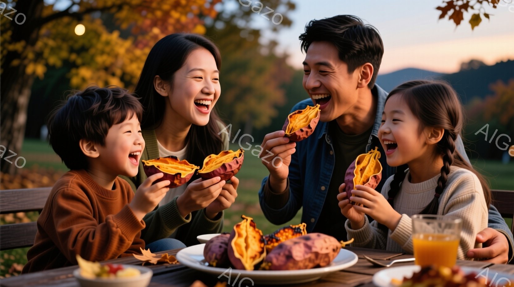 家族四人が屋外で焼き芋を楽しんでいる様子が写っている。母親は茶色の髪を肩まで伸ばし、息子と娘はそれぞれ茶色と明るい茶色のセーターを着ており、皆笑顔で焼き芋を手にしている。背景には緑豊かな木々と、夕焼け - AI生成フリー素材