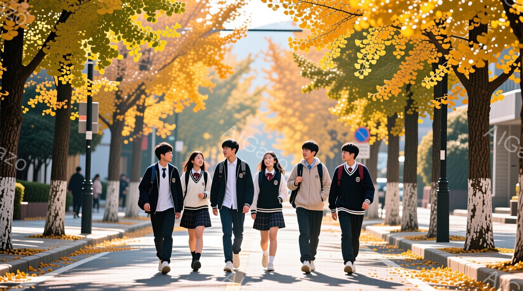 道路を歩く制服姿の高校生グループが写っている。彼らは皆、紺色のブレザーにチェック柄のスカートまたはズボンを着用し、白いシャツとネクタイを締めている。背景には、黄色の葉が茂る並木道が広がり、秋晴れの空の - AI生成フリー素材