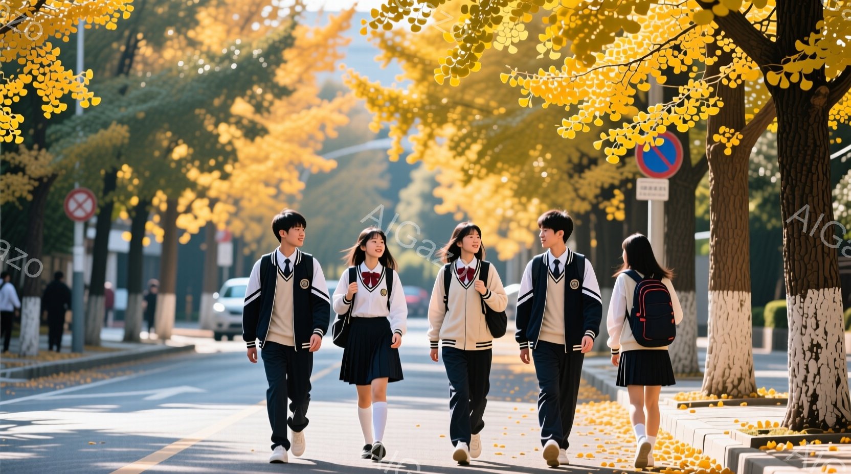 制服を着た男子生徒2人と女子生徒2人が、並んで歩いている。彼らは皆、白いシャツにネクタイ、紺色のブレザー、スカートまたはズボンを着用し、足元は白いスニーカーである。背景には、黄色の葉が茂った並木道と、 - AI生成フリー素材