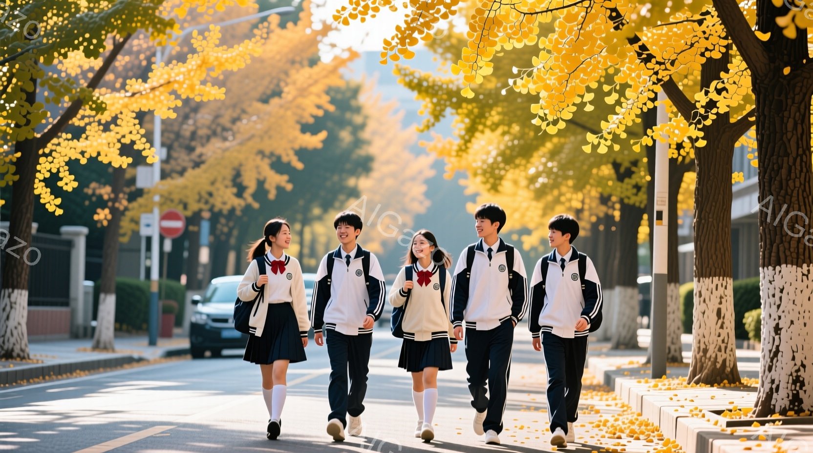 四人の学生が、秋の街を歩く。男女はそれぞれ髪型が異なり、服装も似ていることから、友人である可能性が高い。彼らはポップコーンを買った後、学校に戻っているようだ。背景は街の道路、木々、そして日本の秋の姿を示す黄色の葉が飛び交うシーンであり、明るく温かい空気が感じられる。