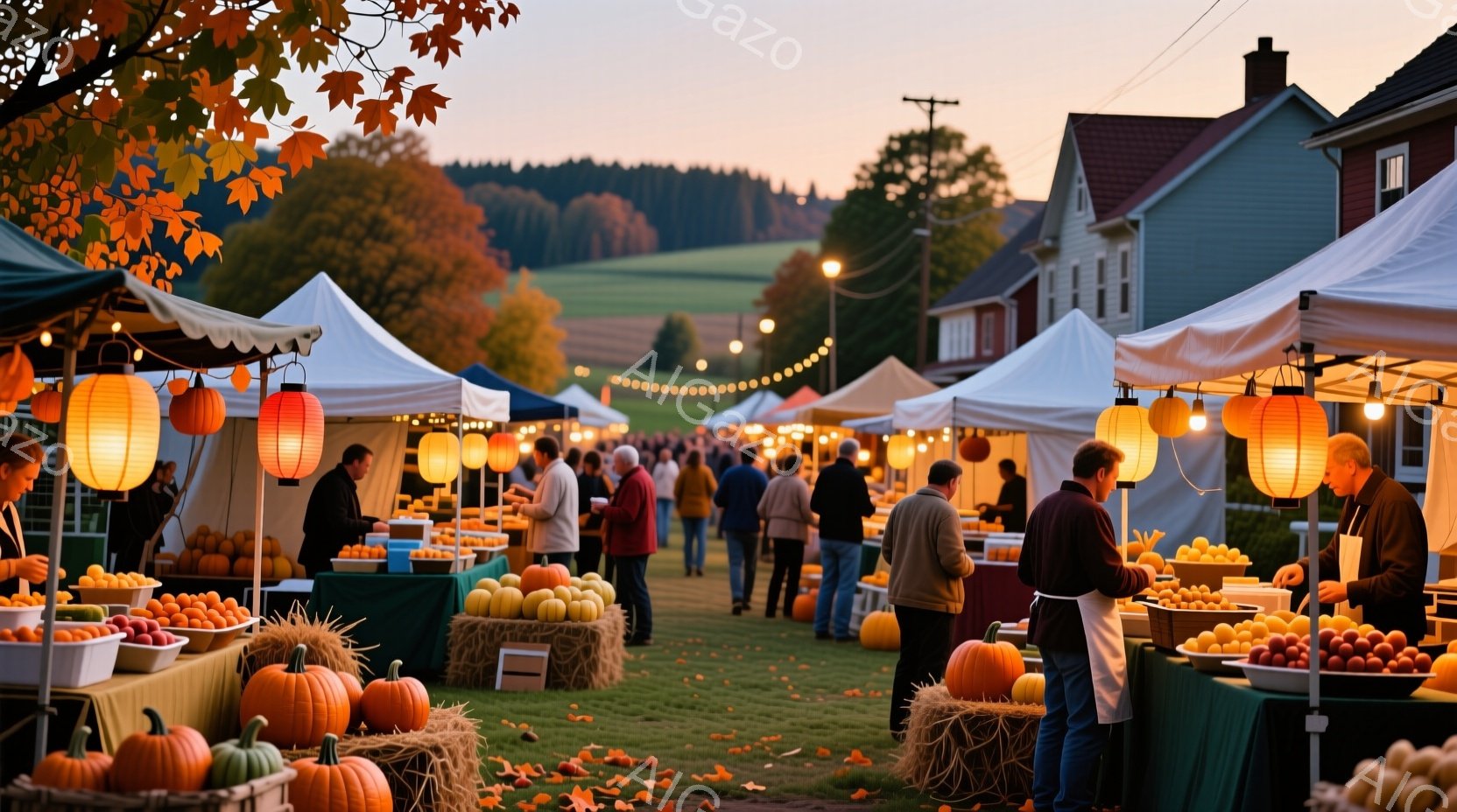 秋の祭りの様子が写っている。多くの人々が屋台が並ぶ緑の芝生の上に集まり、カボチャやリンゴなどの秋の収穫物を楽しんでいる。背景には可愛らしい家々と、夕焼けに染まる穏やかな丘が見え、暖かく賑やかな祭りの雰囲気が伝わってくる。