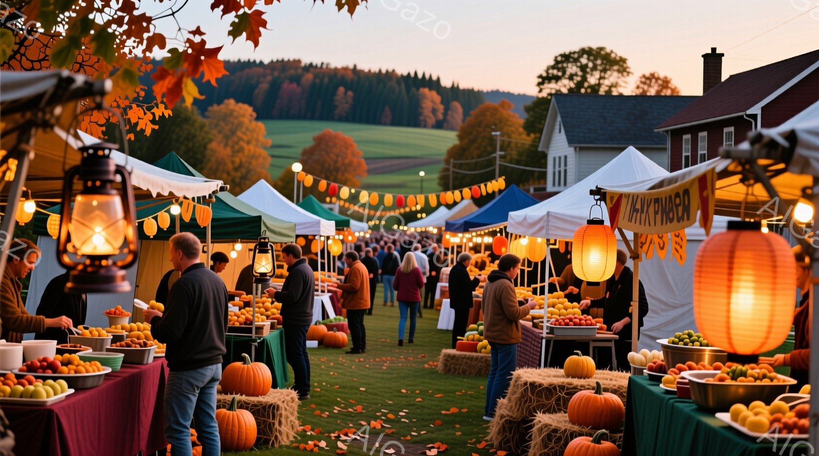 カボチャやリンゴなどの収穫物が並べられた屋台が並び、多くの人々が賑やかに歩き回っている様子が描かれている。人々は秋らしい服装で、カボチャやリンゴを選んだり、談笑したりしている。背景には木造の建物や秋色 - AI生成フリー素材