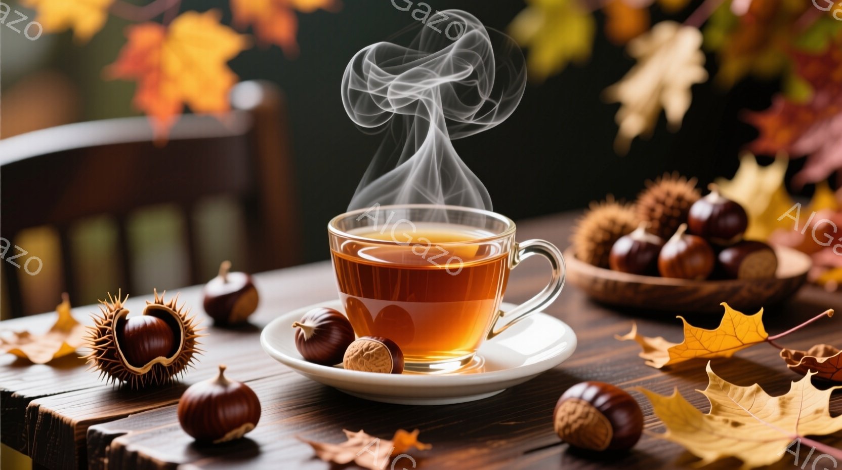 温かい紅茶が湯気を上げ、白いソーサーに乗せられている様子が写っている。背景には、落ち葉と栗が散りばめられ、秋の暖かく落ち着いた雰囲気を醸し出している。木製のテーブルと柔らかな光が、さらに季節感を高めている。