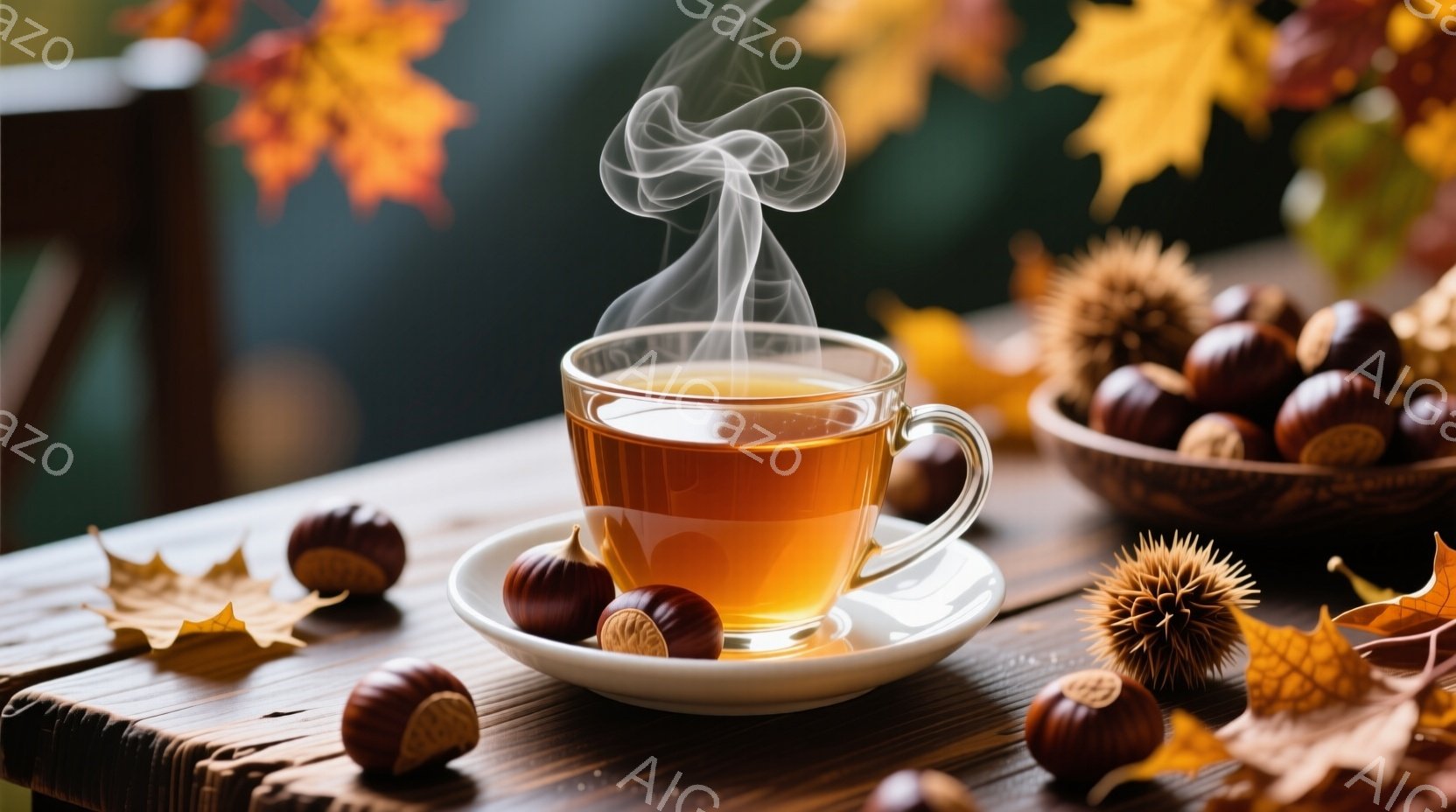 温かいお茶が透明なカップと白いソーサーに乗せられ、湯気が立ち上っている。テーブルの上には、割れた栗の殻と、皮に覆われた栗、そして紅葉した葉が散らばり、秋の風景を思わせる。背景はぼやけており、暖色系の色合いが、ほっとするような穏やかな雰囲気を醸し出している。