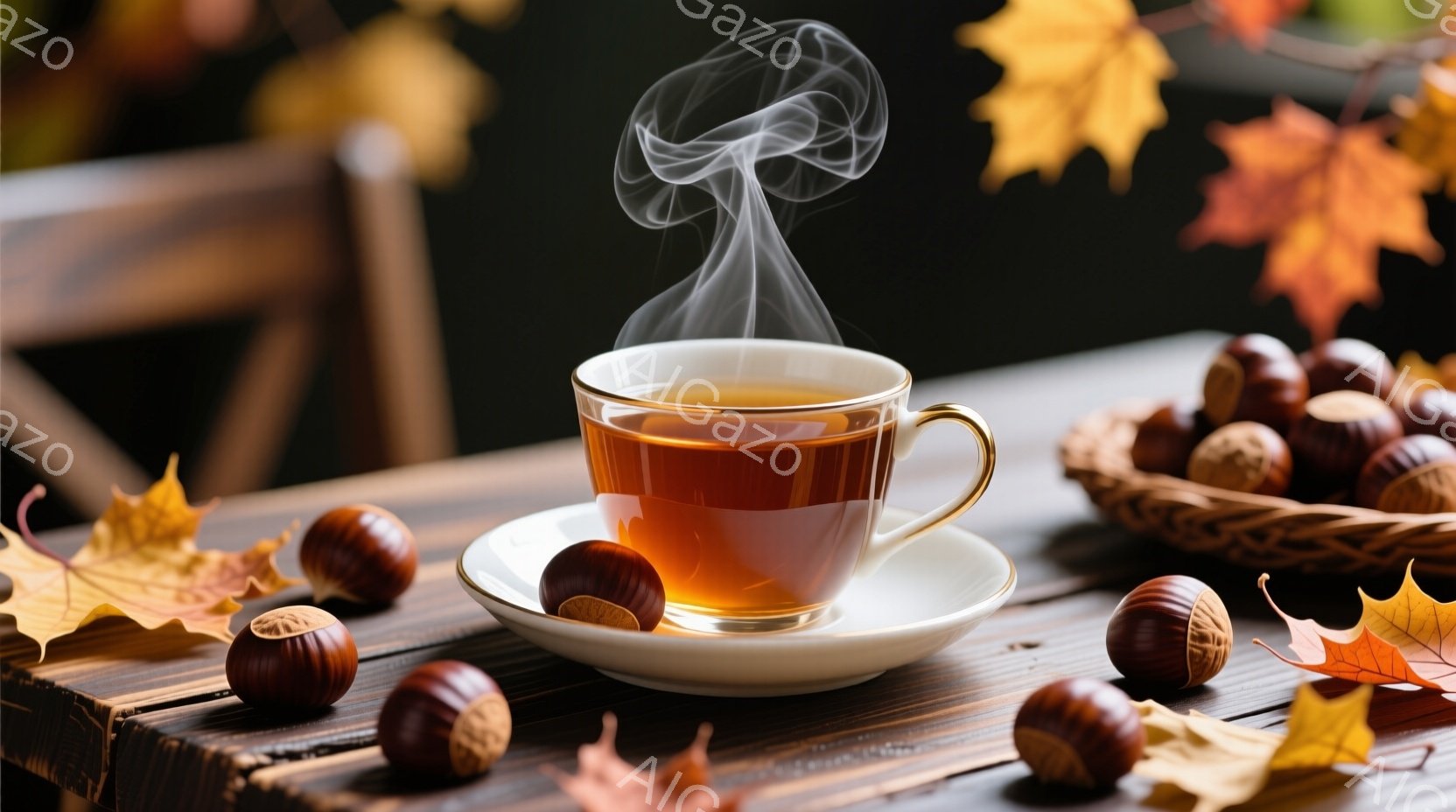 温かいお茶がカップに注がれており、湯気が立ち上っています。テーブルの上には、割れた栗や落ち葉が散らばっており、秋の静けさや暖かさを感じさせます。木製のテーブルと背景の暗い色調が、温かいお茶と栗の色を際立たせています。