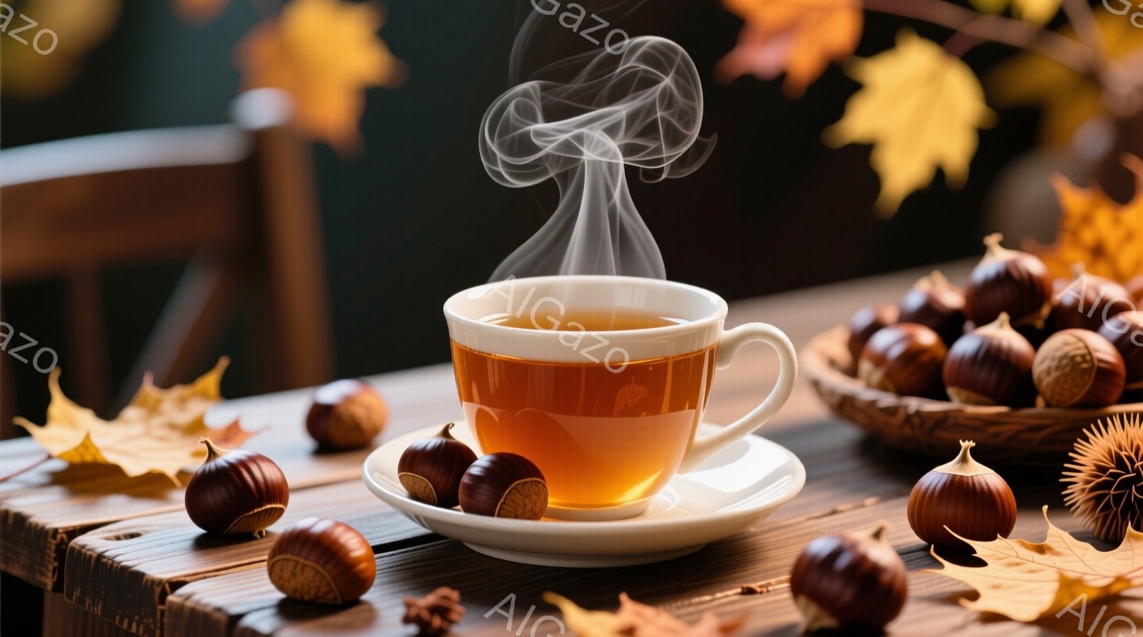 鮮やかなオレンジ色の落ち葉と栗が散りばめられた木製のテーブルの上に、湯気が立ち上る温かいお茶のカップが置かれています。カップは白皿に載せられ、背景には栗が盛られたバスケットと、ぼんやりとした室内がぼやけています。全体的に秋の穏やかさと温かさを感じる、落ち着いた雰囲気です。