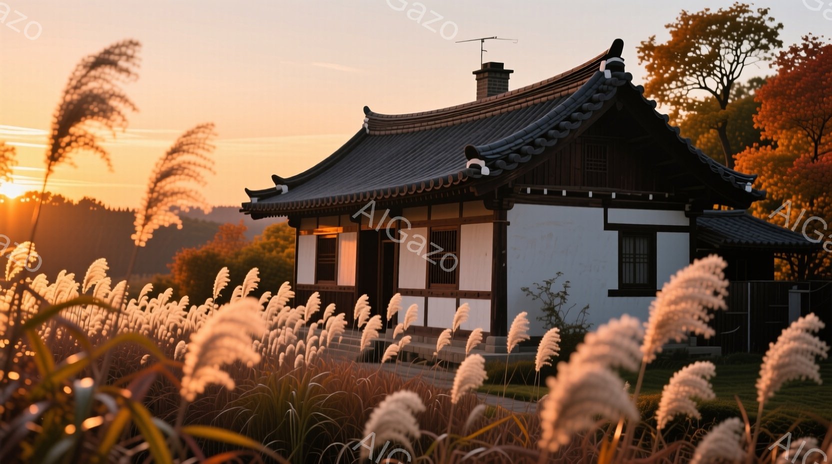 白壁と黒い屋根の日本家屋が、夕焼けに照らされたススキの草原の中に佇んでいる。家屋の周りには自然豊かな風景が広がり、穏やかで静寂な雰囲気が漂っている。空は夕焼けの色合いで美しく、全体的に温かくノスタルジックな印象を与える。