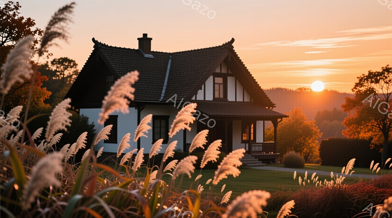夕焼けを背景に、白い壁と黒い木枠を持つ可愛らしい一軒家が佇んでいます。家の前庭には、穂が輝く背の高い草が咲き乱れ、鮮やかな緑の芝生と赤く色づき始めた低木が広がっています。空はオレンジ色とピンク色に染まり、穏やかで暖かく、平和な雰囲気を醸し出しています。