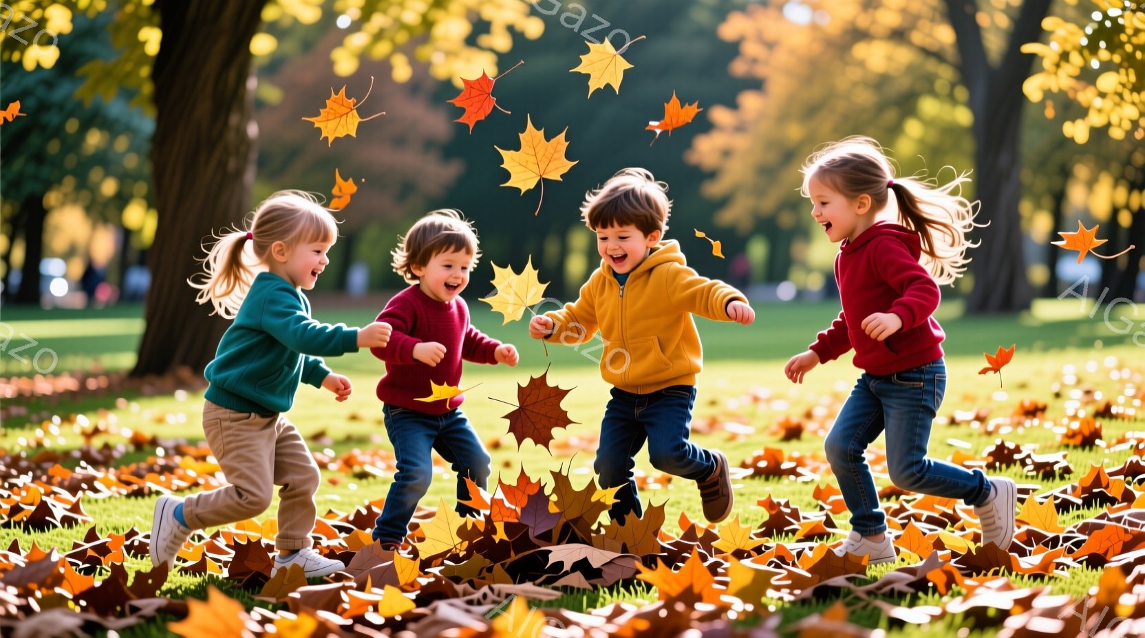 鮮やかな秋の風景の中で、幼い子供たちが楽しそうに駆け回っている。緑、赤、黄色の暖かい色合いの服を着た子供たちは、それぞれ笑顔を見せ、落ち葉を追いかけたり手に持ったりしている。背景には木々が立ち並び、地 - AI生成フリー素材