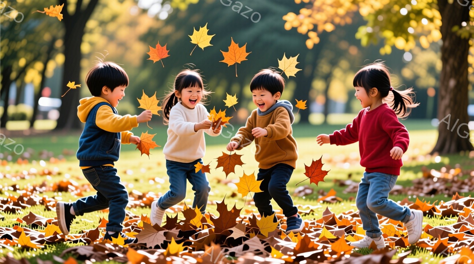 鮮やかな秋の日に、四人の幼い子供たちが落ち葉の中を駆け回っています。それぞれが異なる色の服を着ており、髪型も様々で、満面の笑みを浮かべています。背景には緑豊かな木々と建物が見え、暖かい日差しが降り注ぎ - AI生成フリー素材