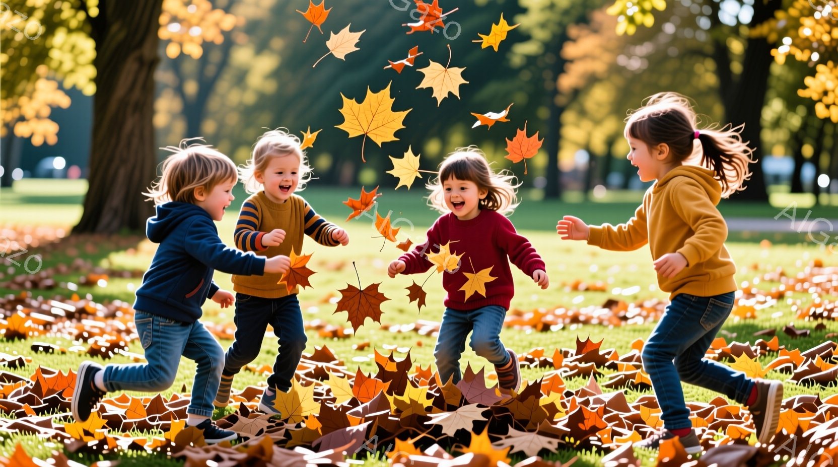 秋の公園で、4人の子供たちが紅葉を追いかけながら楽しそうに走っている様子が描かれています。子供たちはそれぞれ、紺色、オレンジ色、赤色、黄色と異なる色のセーターを着ており、髪型も様々で、笑顔を浮かべてい - AI生成フリー素材