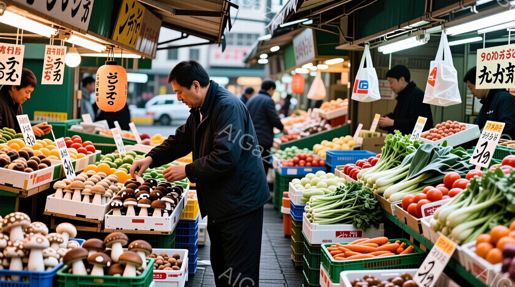 商店街の活気ある光景で、男性が様々な種類の野菜やキノコが並んだお店の前で買い物をしている。彼は黒いジャケットを着ており、少し身をかがめて商品を吟味している様子が見て取れる。背景には、他の買い物客や商店、そしてわずかに見える建物があり、晴れた日の賑やかな市場の雰囲気を伝えている。