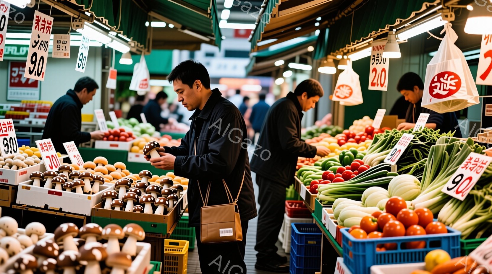 活気のある市場の様子で、男性たちが野菜やきのこの前で買い物をしている。黒いコートを着た男性は、茶色の紙袋を持ちながら、きのこを注意深く見ている。背景には、赤や緑の野菜が並んだ籠が積み重ねられ、価格の書かれた札がぶら下がっており、活気ある市場の雰囲気が伝わってくる。