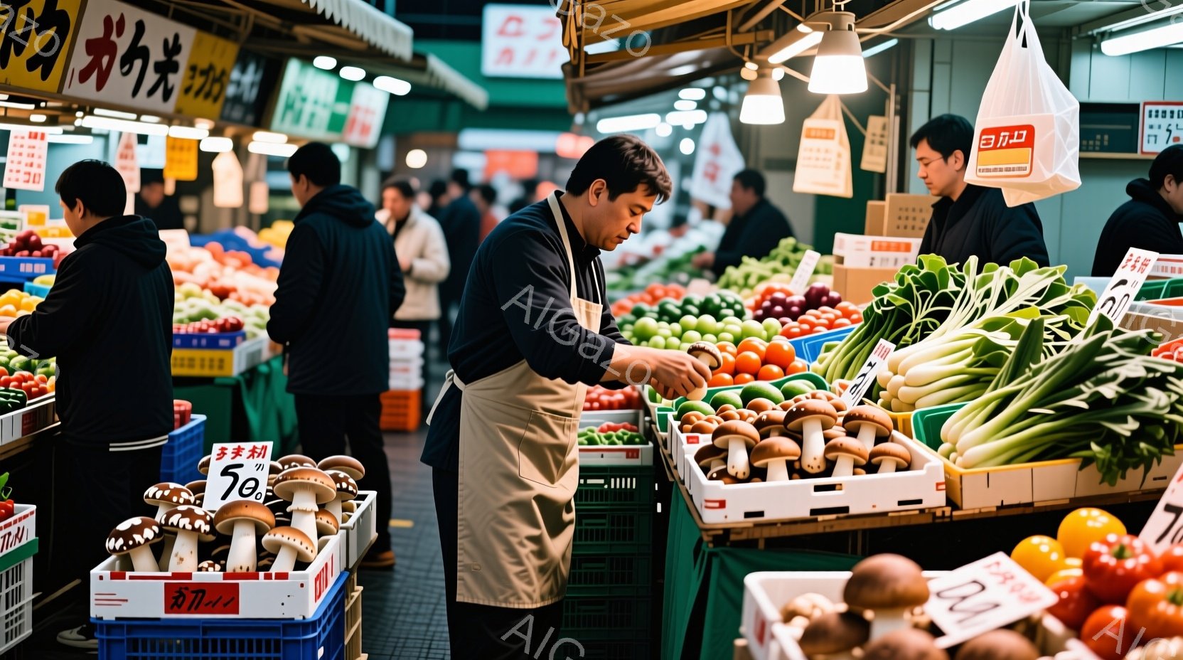 市場の一角で、エプロンを着た男性が野菜を扱っている様子が写っている。彼はやや前かがみになり、慎重に野菜を選び出しているようだ。背景には様々な種類の野菜や果物が並び、活気のある市場の雰囲気が伝わってくる - AI生成フリー素材