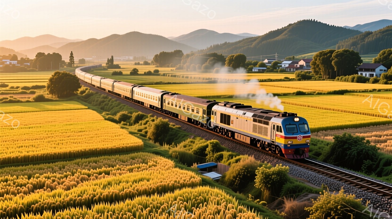 広大な黄金色の麦畑を縫うように、青とクリーム色の列車が走っている。遠くには緑豊かな山々が連なり、柔らかな光が全体を包み込む穏やかな風景だ。列車からは蒸気が立ち上り、ノスタルジックな雰囲気を醸し出している。