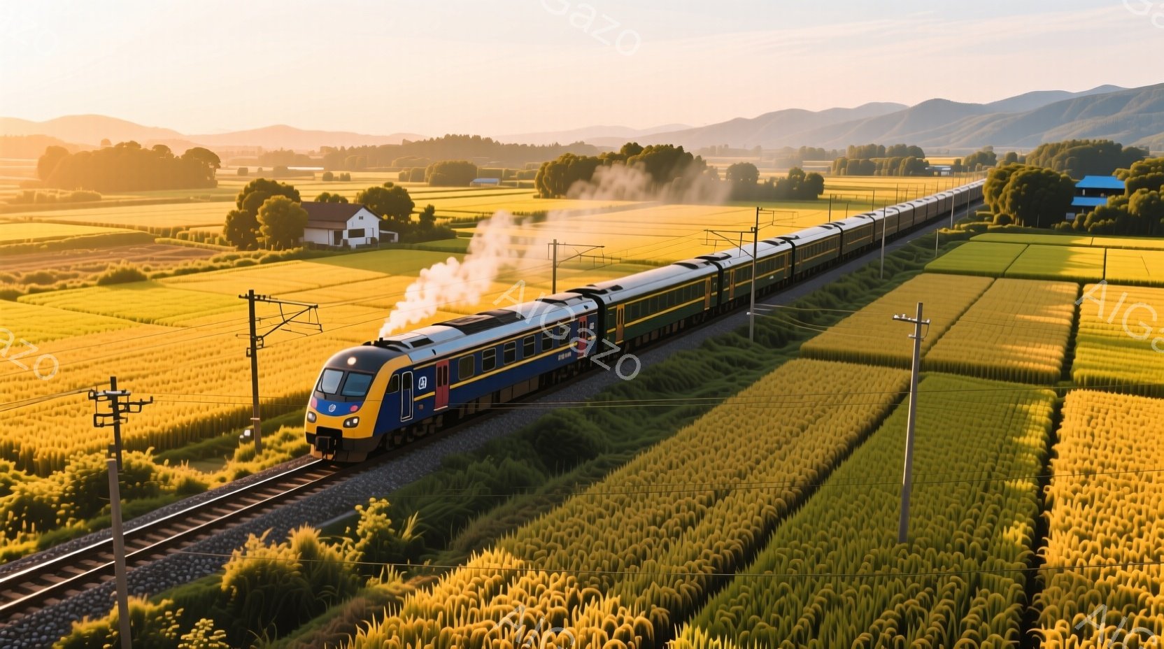 広大な黄金色の稲田を縫うように、青と黄色のカラフルな列車が走っている。遠景には緑の山々が連なり、夕焼けのような柔らかな光が全体を包み込み、穏やかで牧歌的な雰囲気を醸し出している。列車の排気ガスが空に舞い上がり、その動きが列車の疾走感を強調している。