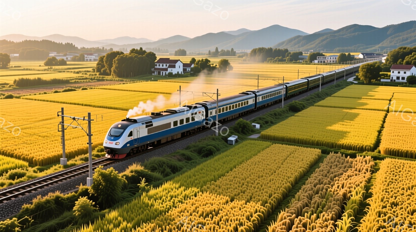 広大な黄金色の稲田の中を、青と白を基調とした流線形の列車が走っている。遠景には、小さく点在する家々と、霞んだ山々が見え、穏やかで平和な田園風景が広がっている。列車からはわずかに煙が上がり、朝の柔らかな光が全体を包み込んでいる。