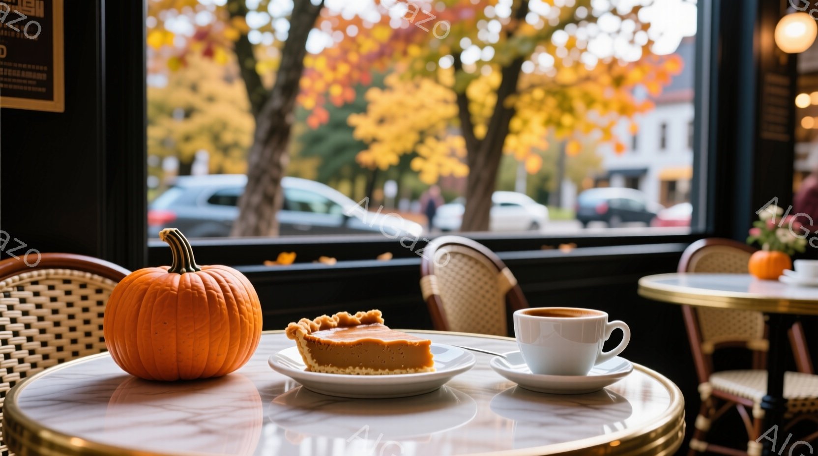 秋の光が差し込むカフェのテーブルに、かぼちゃのパイとコーヒーが置かれている。窓の外には紅葉した木々と街並みが広がり、季節の移り変わりを感じさせる穏やかな雰囲気だ。テーブルには小さなカボチャの飾りも置かれ、ハロウィンや感謝祭を連想させる温かさがある。