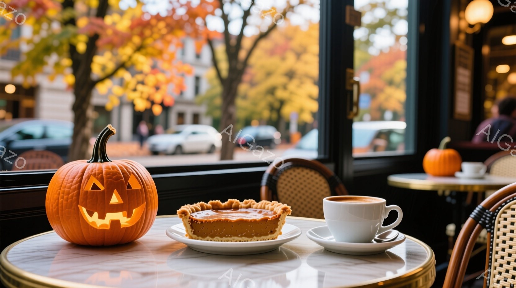 窓際のテーブルの上には、ハロウィーンのジャック・オー・ランタン、スライスされたパンプキンパイ、そして一杯のコーヒーが置かれています。背景には、紅葉した木々と車が並ぶ街並みが見え、秋の穏やかな雰囲気が漂 - AI生成フリー素材