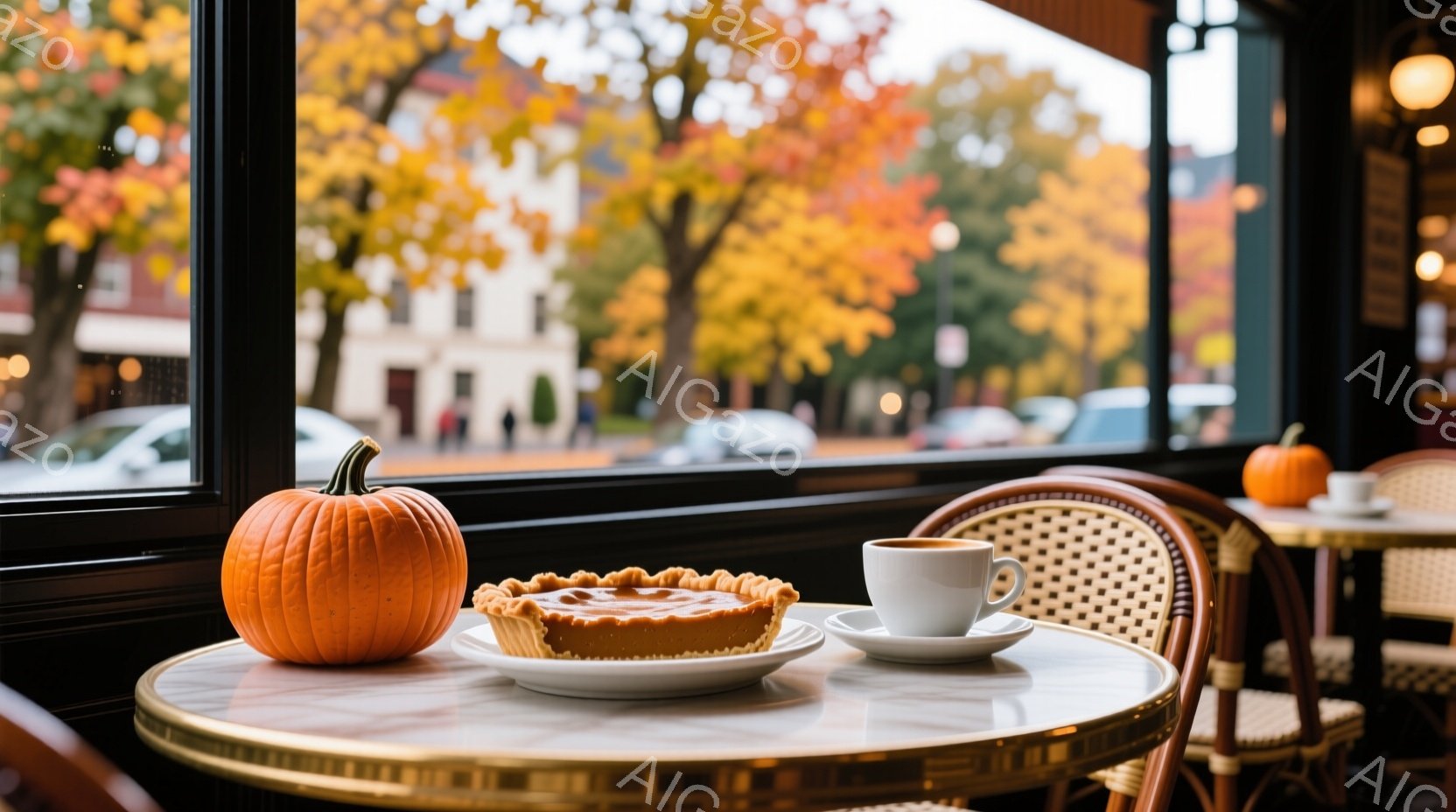 秋らしいカフェのテーブルの上には、かぼちゃのパイとコーヒー、そして本物の小さなかぼちゃが置かれている。窓の外には、紅葉した木々と街並みが広がり、晴れた秋の日の穏やかな雰囲気を醸し出している。テーブルと椅子はクラシカルなデザインで、温かく落ち着いた空間を作り出している。