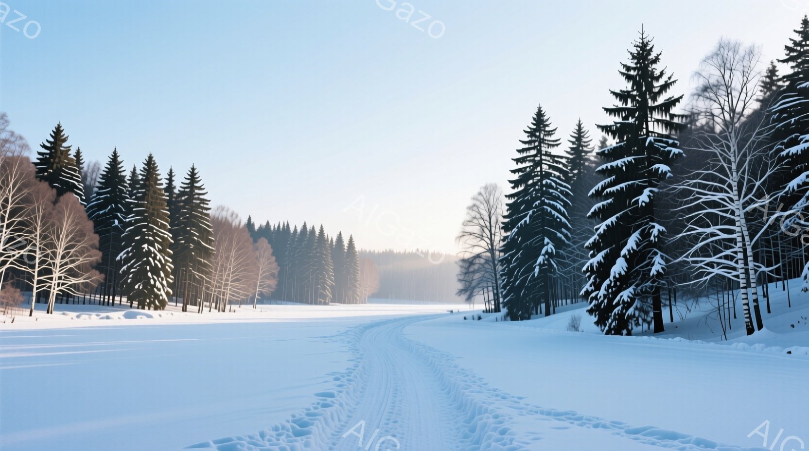 白い雪景色が広がり、雪道には車のタイヤ痕がくっきりと残っている。遠景には針葉樹林が密集し、木々は雪を被き、冬の静寂を表している。全体的に冷たく、穏やかな冬の日の雰囲気が漂っている。 - AI生成フリー素材