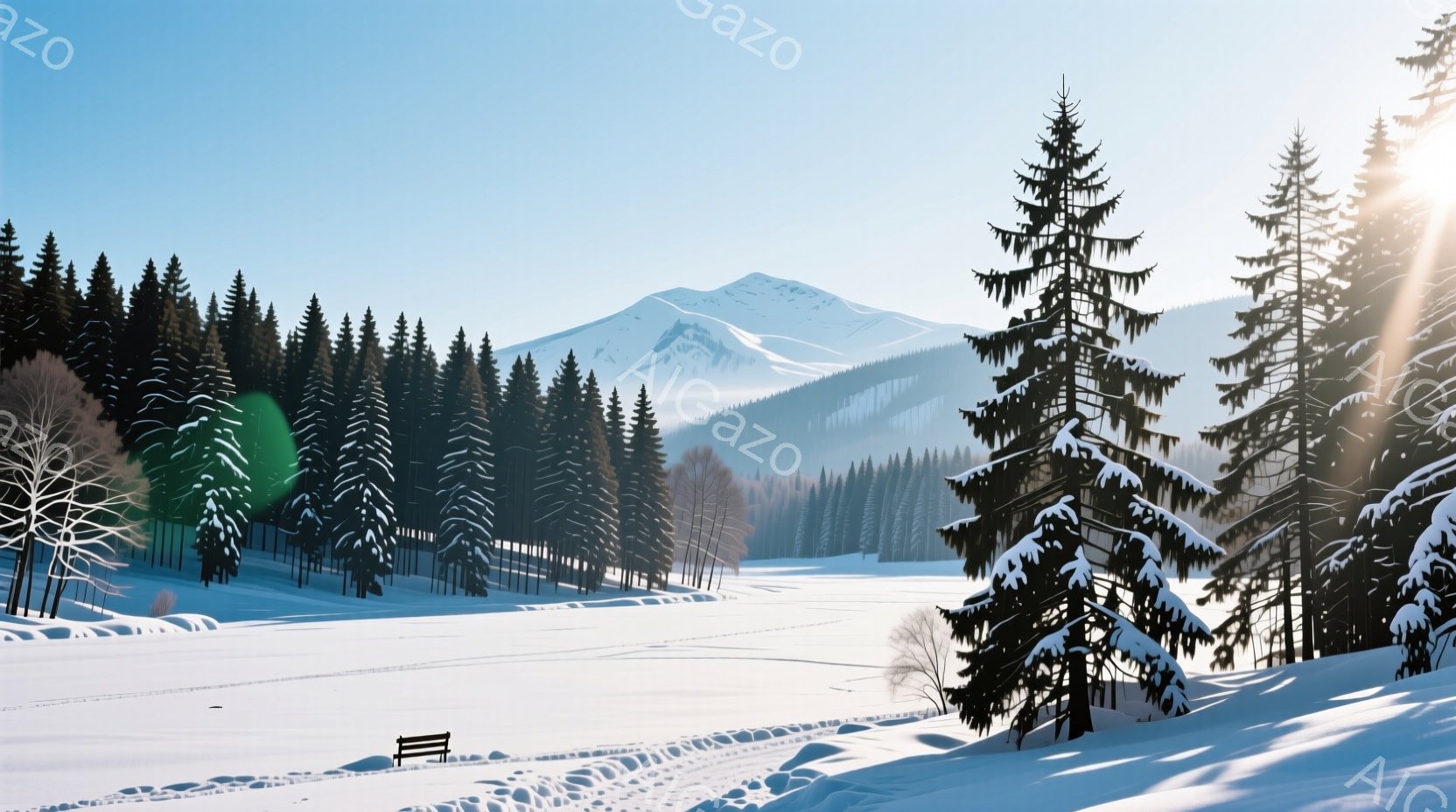 広大な雪景色が広がり、遠くには雪をまとった山々が連なっている。手前に見える針葉樹林は雪をまとい、冬の静寂を強調している。雪原にはスキーヤーが描いた軌跡が見え、静けさの中にわずかな活動の痕跡が感じられる - AI生成フリー素材