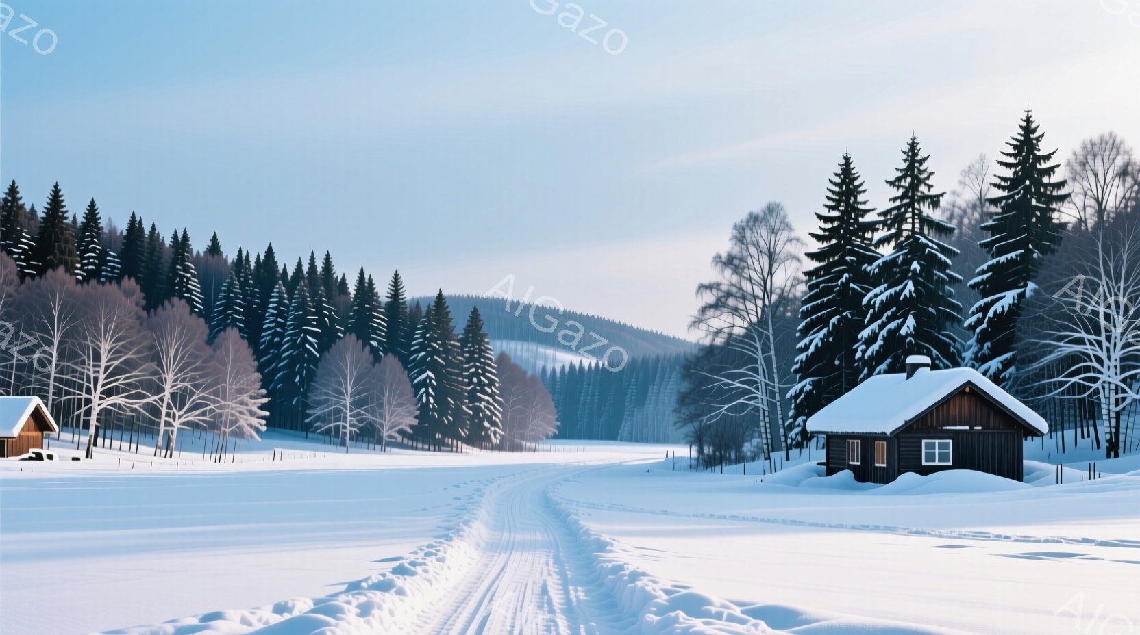雪深い風景が広がっており、道にはスキーの跡が長く続いている。背景には針葉樹の森が広がり、遠くには雪を頂いた丘が見える。木造の可愛らしい家が雪景色の中にあり、静かで穏やかな雰囲気を醸し出している。