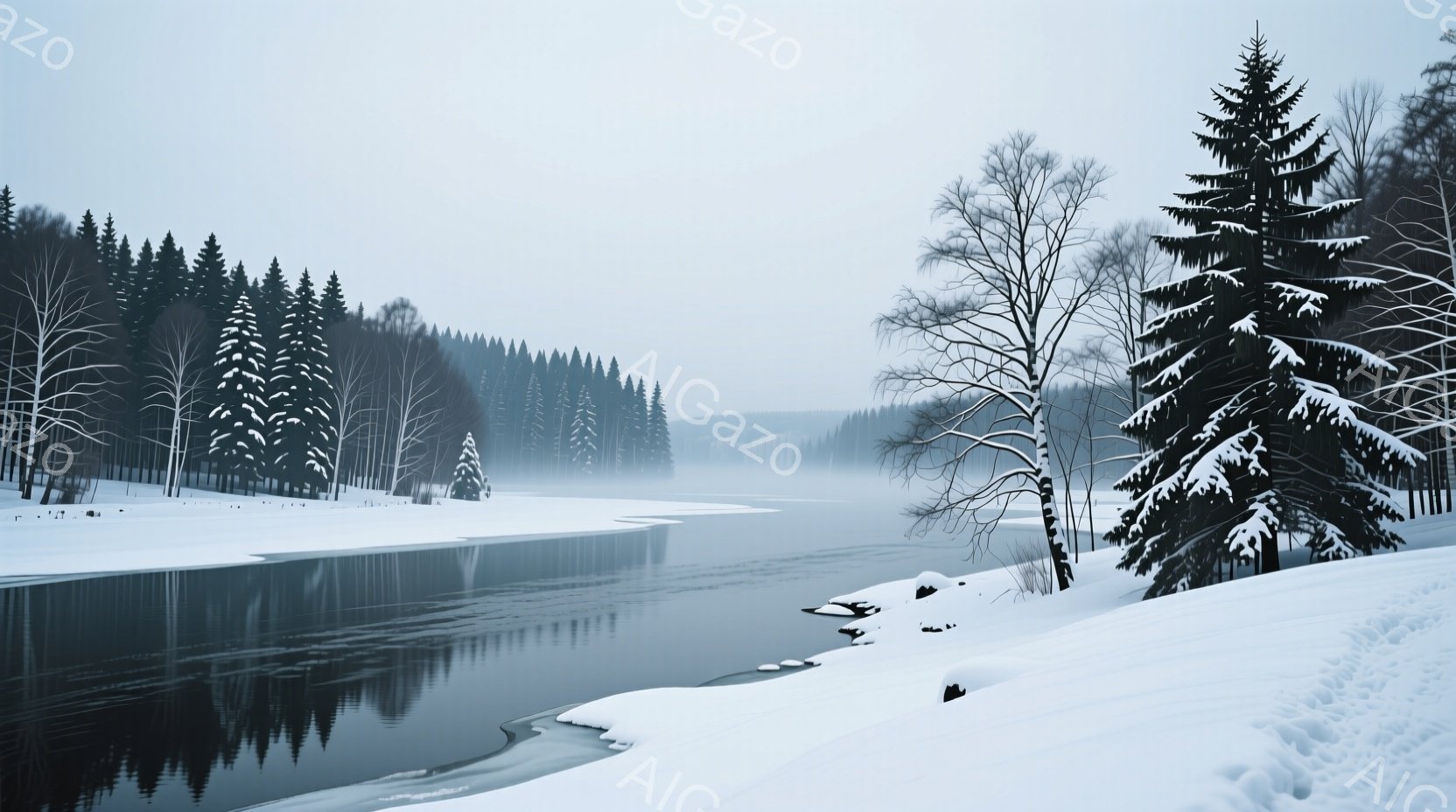 雪に覆われた川の風景が広がっている。両岸は針葉樹の林で覆われ、霧が立ち込めており、静寂で幻想的な雰囲気を醸し出している。川面は穏やかで、周囲の景色を映し出し、冬の厳しさと美しさが共存する様子が印象的だ。