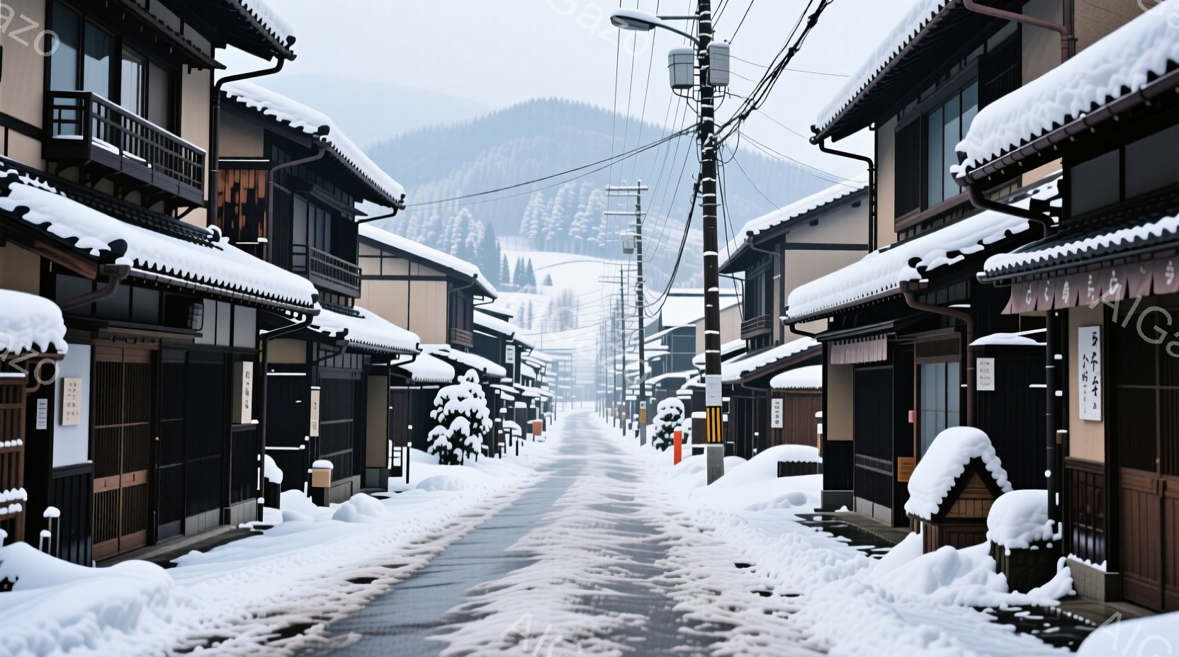 雪深い山間の古い町並みが続く道が見える。両脇の建物は木造で、屋根には厚く積もった雪が特徴的で、それぞれの軒先に雪吊りが施されている。遠くには雪を抱いた山々が連なり、全体的に静かで厳かな冬の風景が広がっている。