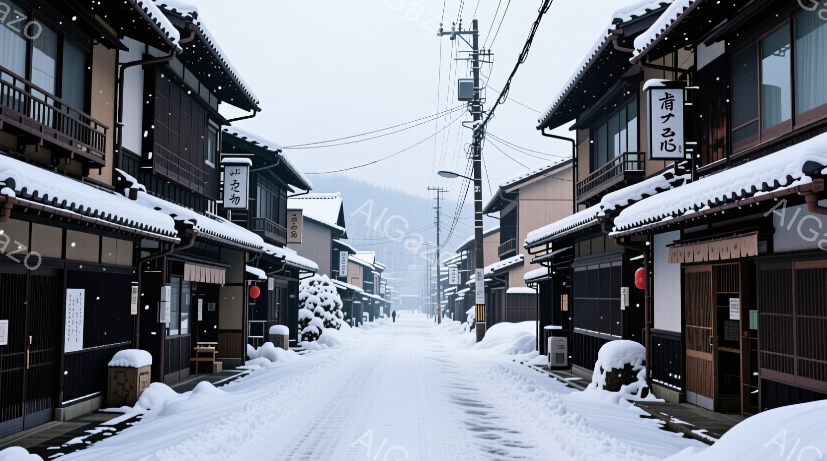 雪が降り積もった古い町並みが続く景色です。両脇には伝統的な木造建築が並び、屋根には雪が厚く積もっています。足元は雪で覆われ、静寂な冬の雰囲気が漂っています。 - AI生成フリー素材
