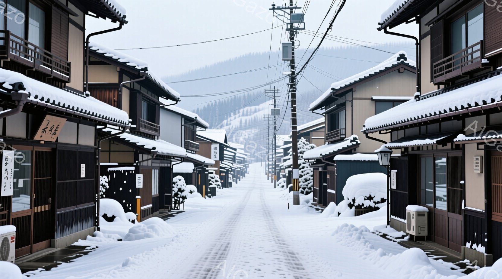 雪が深く積もった古い町並みが続く道が写っている。木造の家々は雪に覆われ、路地には誰もいない。遠くには雪山がそびえ立ち、全体的に静かで幻想的な雰囲気が漂っている。 - AI生成フリー素材