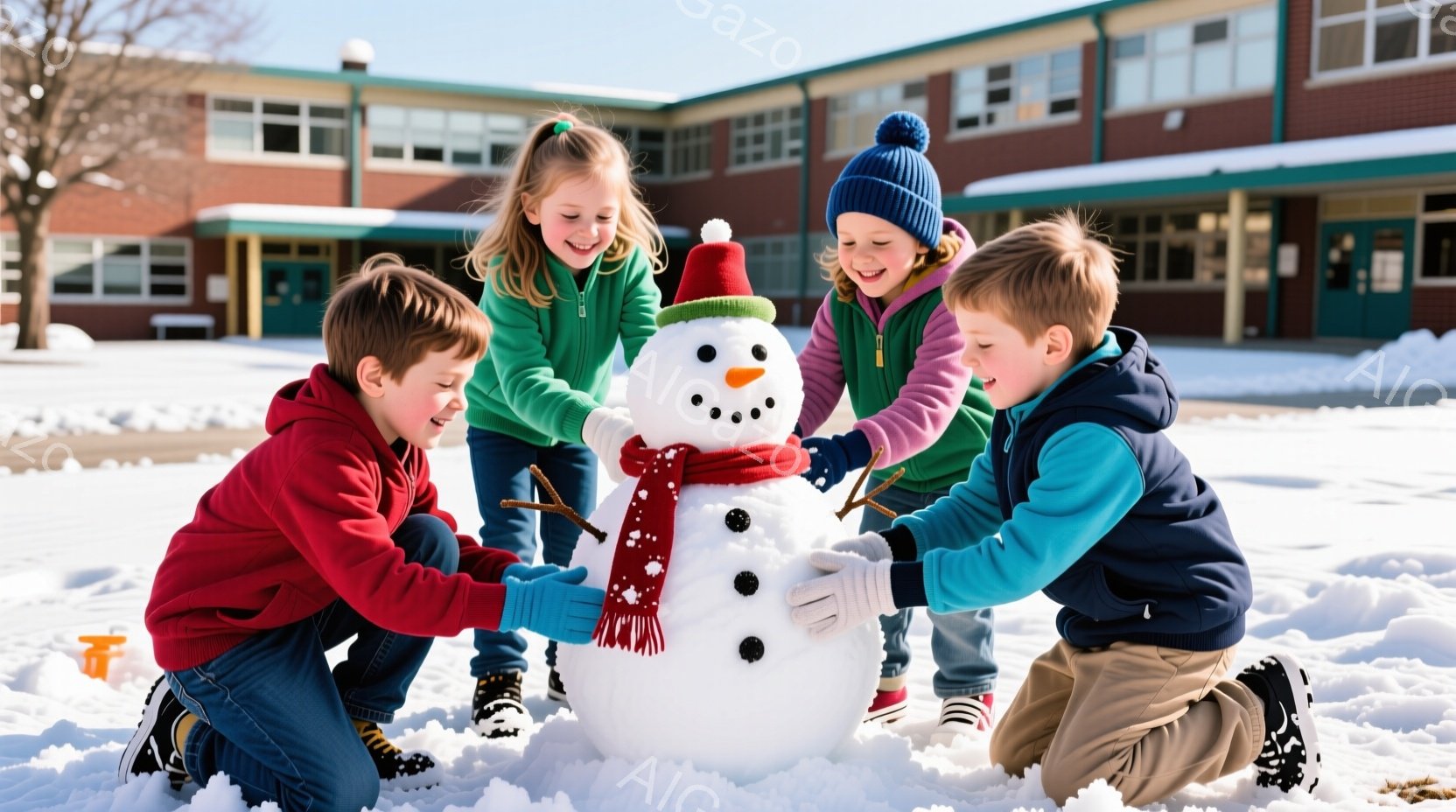 雪景色の中で、三人の子供たちが雪だるまを作っている様子が写っています。子供たちはそれぞれ赤いセーター、緑のジャケット、ピンクのジャケットを着ており、笑顔で雪だるまの目やボタンを飾り付けています。背景にはレンガ造りの建物が見え、晴れた冬の日に子供たちが楽しそうに雪遊びをしている様子が伝わってきます。