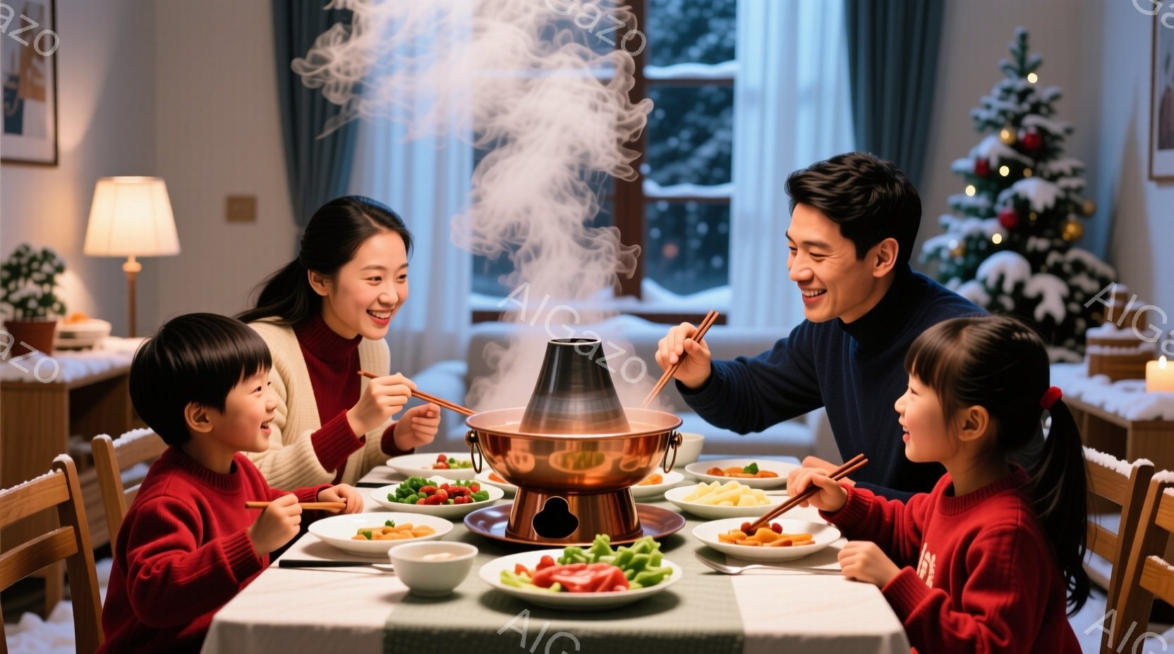 温かい雰囲気のダイニングルームで、家族が鍋料理を楽しんでいる様子が描かれています。両親は笑顔で子供たちと向き合い、皆赤いセーターを着ています。背景にはクリスマスツリーと雪景色が見え、暖かく幸せな家庭の雰囲気が伝わってきます。