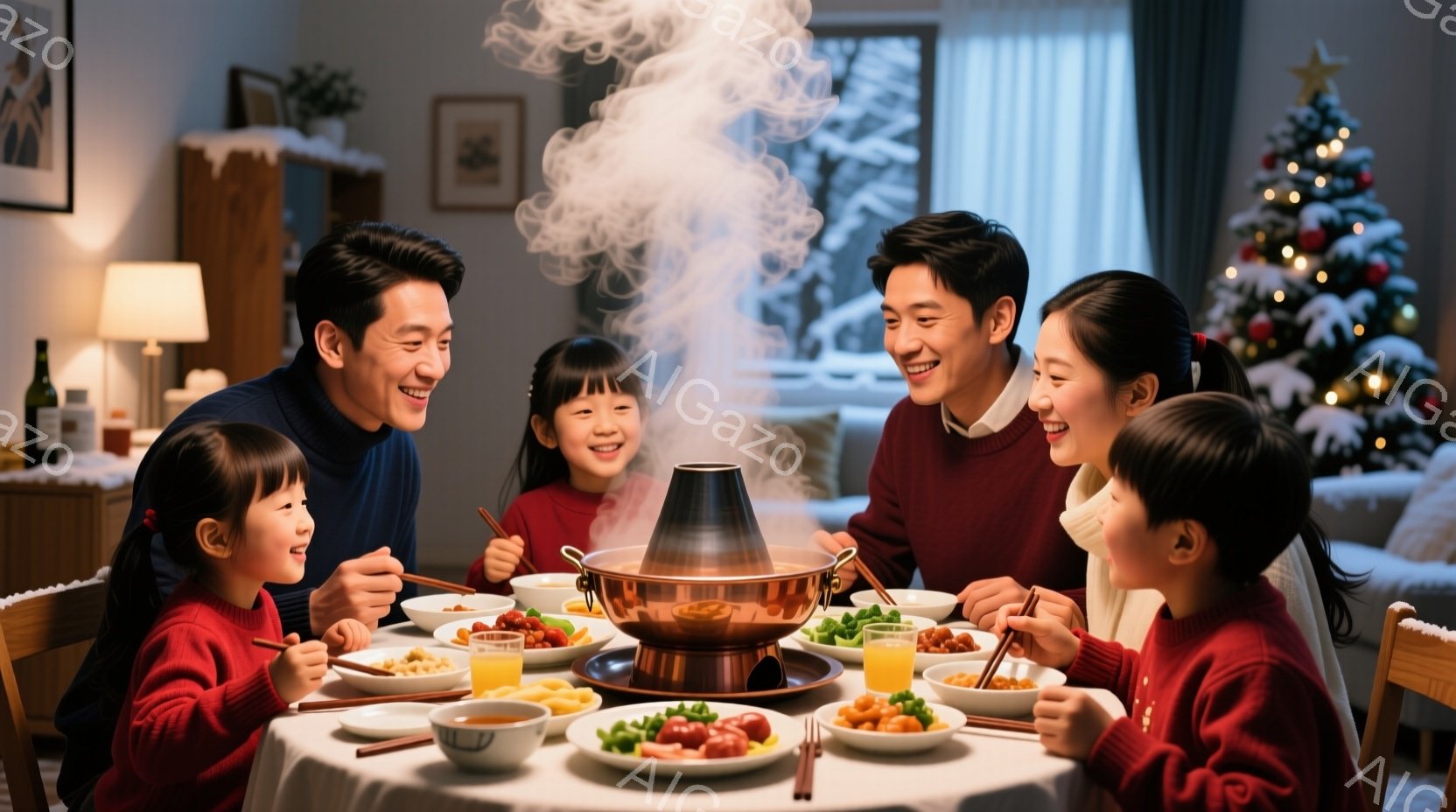 暖炉のある明るいリビングで、家族が鍋料理を楽しんでいます。全員が赤いセーターを着ており、笑顔で食事を楽しんでいる様子が伺えます。背景にはクリスマスツリーがあり、雪景色が窓から見え、温かく幸せな冬の雰囲 - AI生成フリー素材